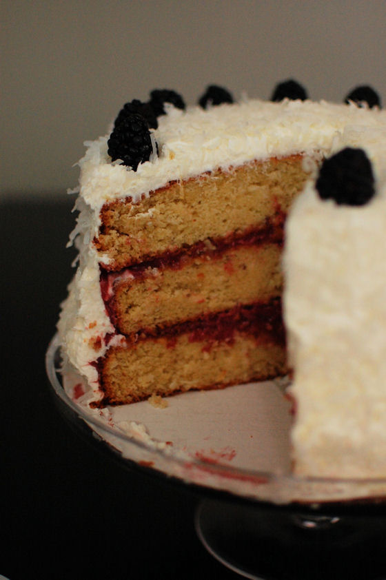 Coconut Almond Cake with Blackberry Lime Curd Filling