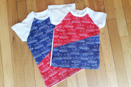 Made these for my nephew and M to wear on 4th of July. The red & blue fabric is a cotton woven fabric. I used white knit for the back, sleeves, and neckband.